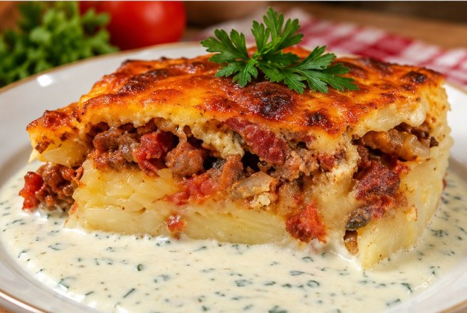 Gratin de paste cu pui, ciuperci si bacon