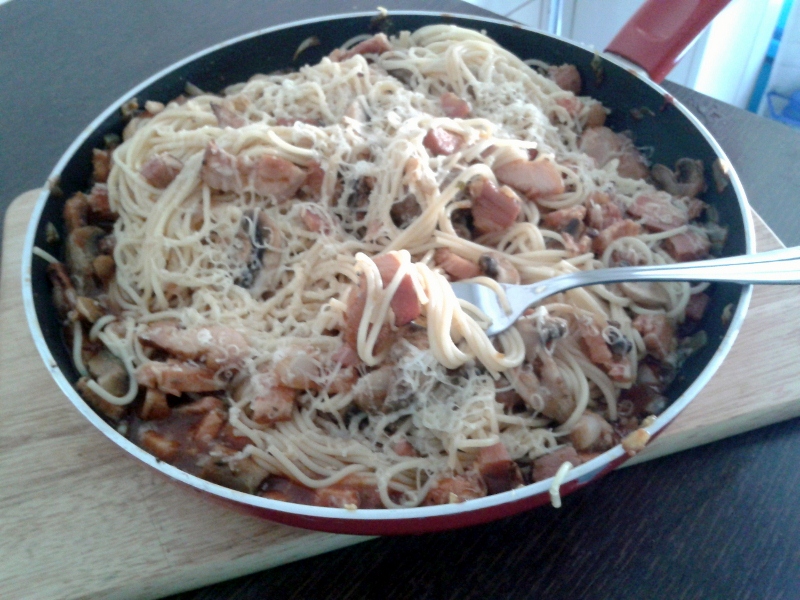 Spaghettini cu bacon si ciuperci