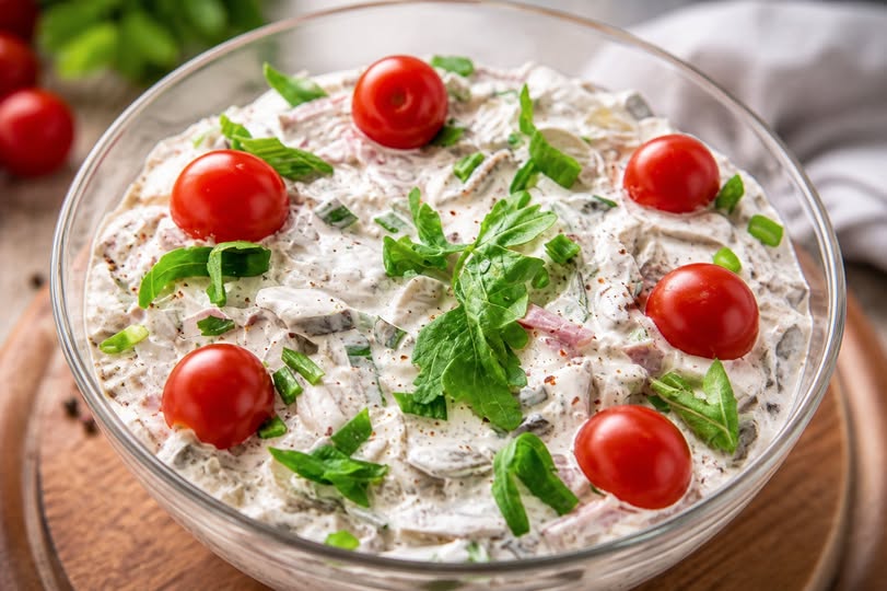 Salata de ciuperci cu sunca si castraveti murati