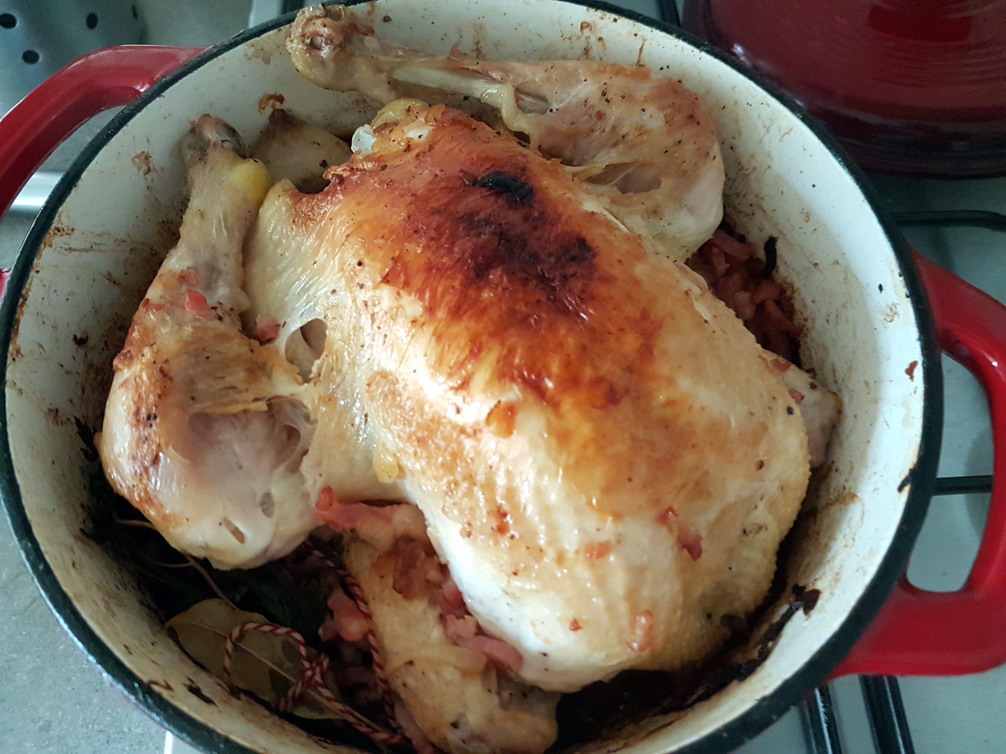 Poulet en Cocotte Bonne Femme by Julia Child (Pui la cuptor cu bacon, ceapa si cartofi)